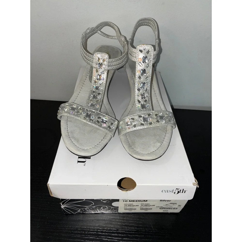 East 5th Embellished Wedge Sandals Silver Women Size‎ 10 Medium Violetta